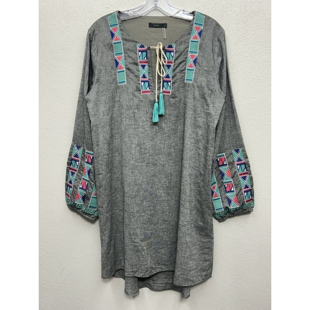 THML Dress large Grey Embroidered Aztec Boho Long Sleeve Tribal Western - Picture 2 of 7